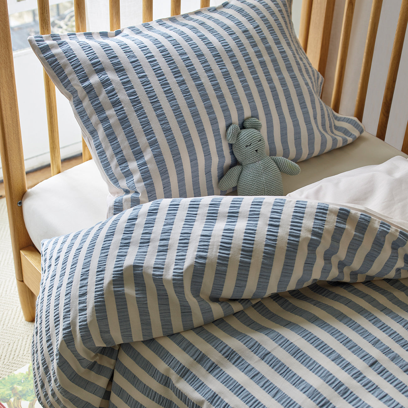 Warm Blue Seersucker Kids Stripe Cotton Bedding Set