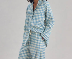 Warm Blue Gingham Linen Blend Pajama Set