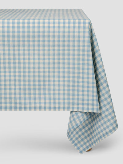 Blue and white checkered tablecloth on a white background