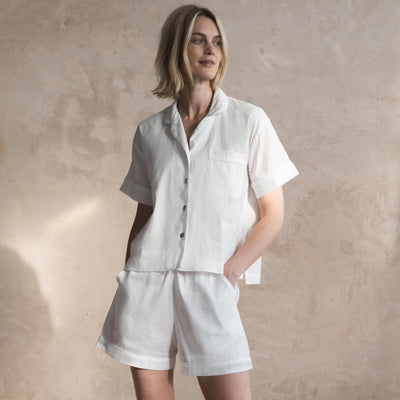 White Linen Blend Pajama Short Set