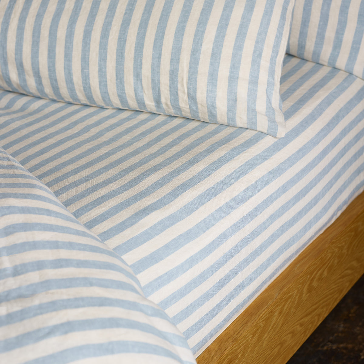 Coastal Blue Pembroke Stripe 100% Linen Fitted Sheet | Piglet in Bed US