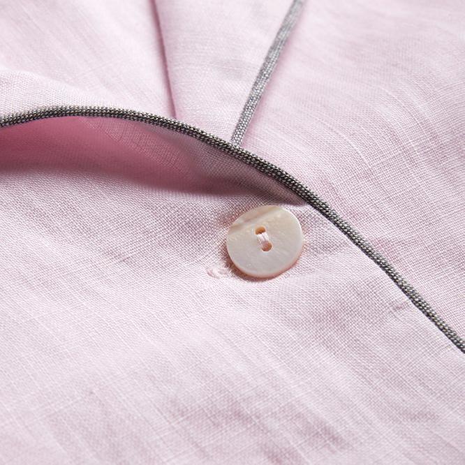 Women's Blush Pink Linen Pajama Shorts Set Piping 