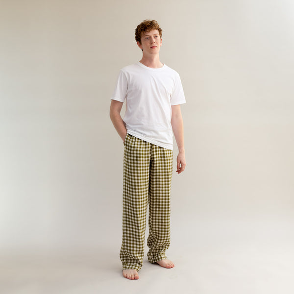 Men's Botanical Green Gingham Linen Pajama Pants