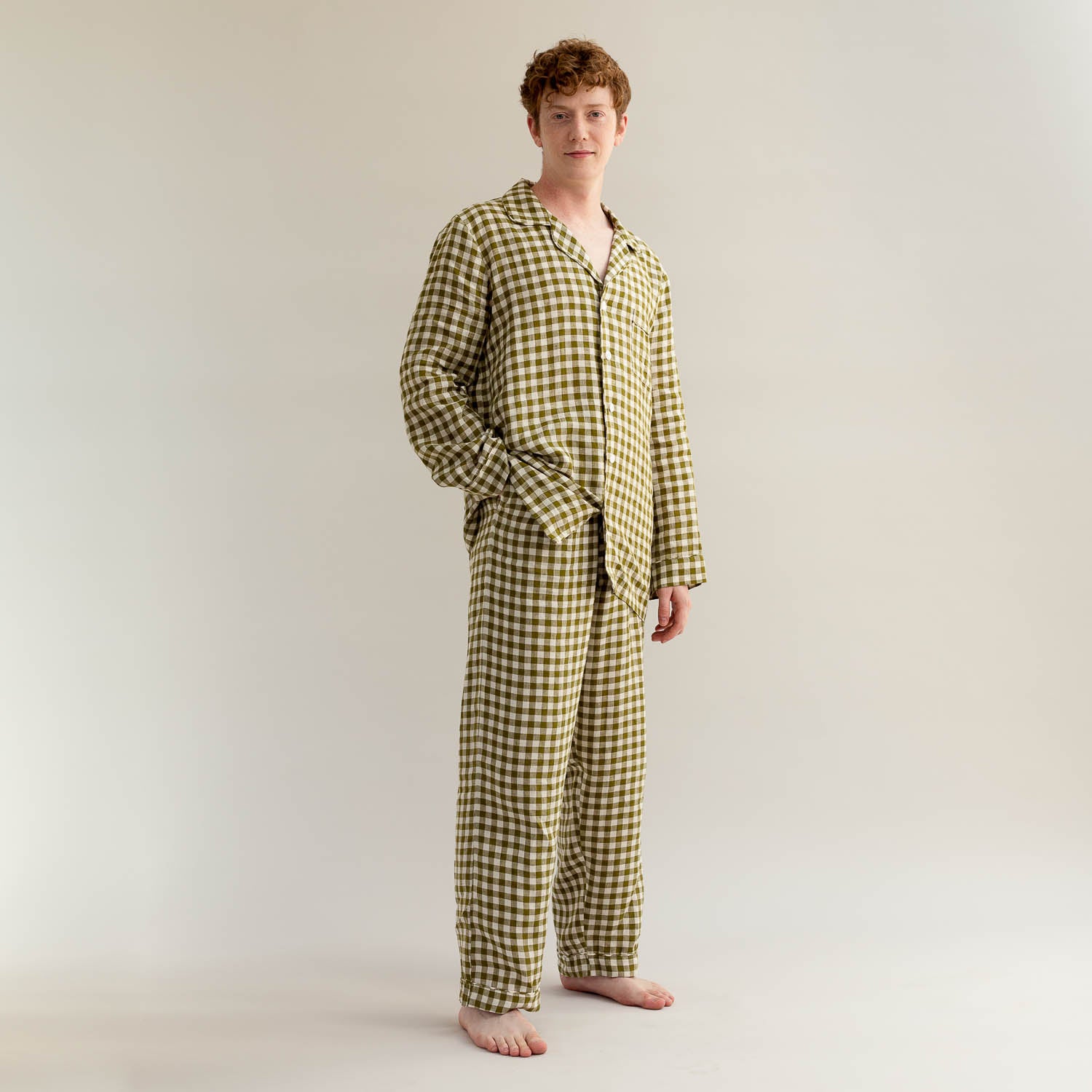 Men's Botanical Green Gingham Linen Pajama Pants Set
