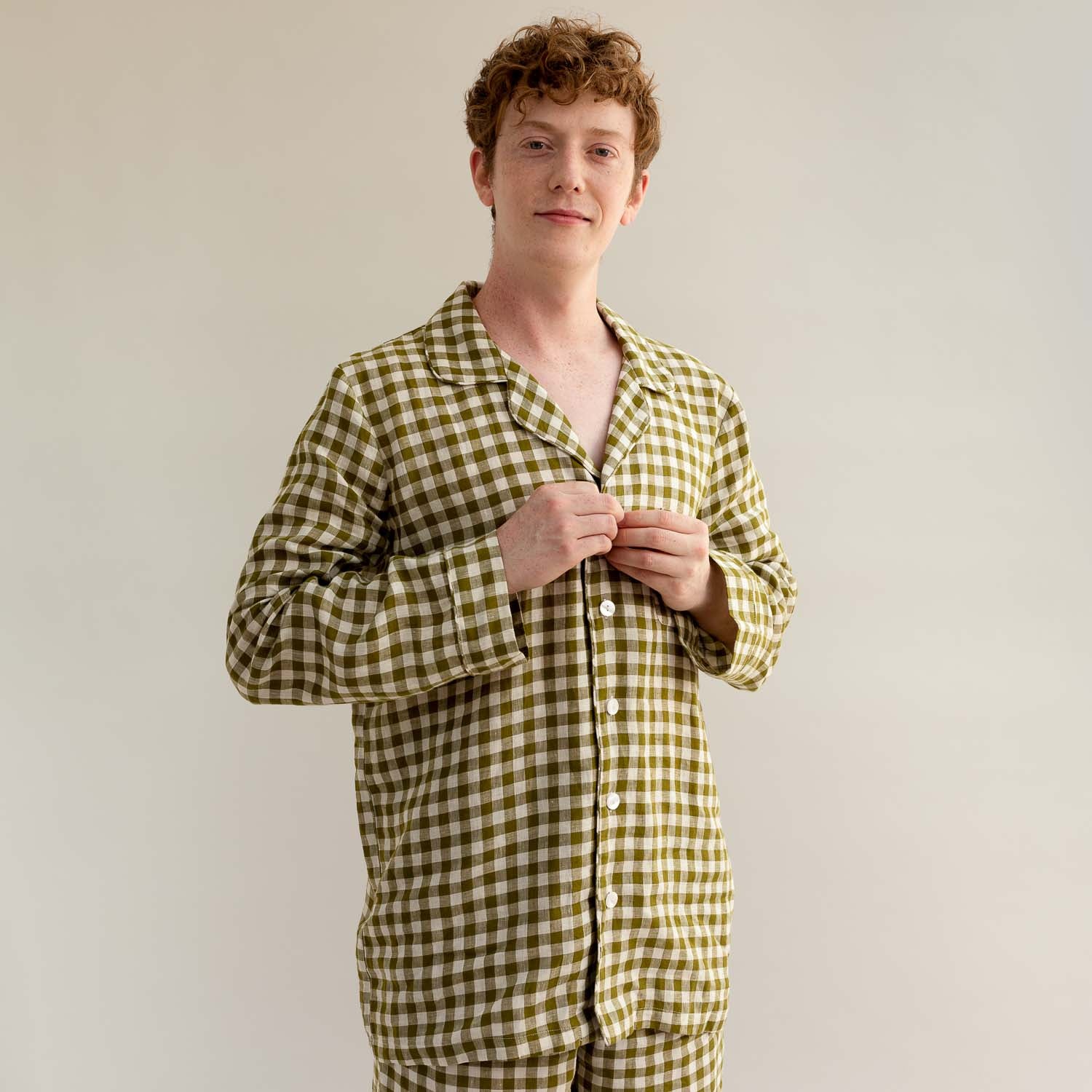 Men's Botanical Green Gingham Linen Pajama Shirt - PIGLET US