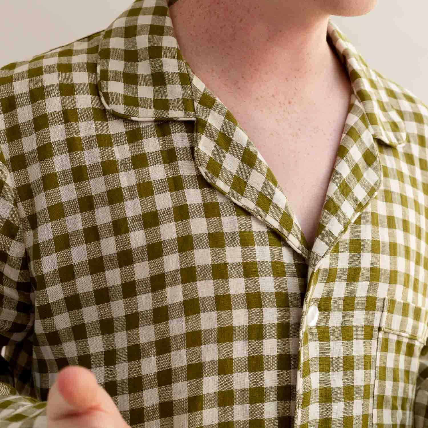 Men's Botanical Green Gingham Linen Pajama Shirt - PIGLET US