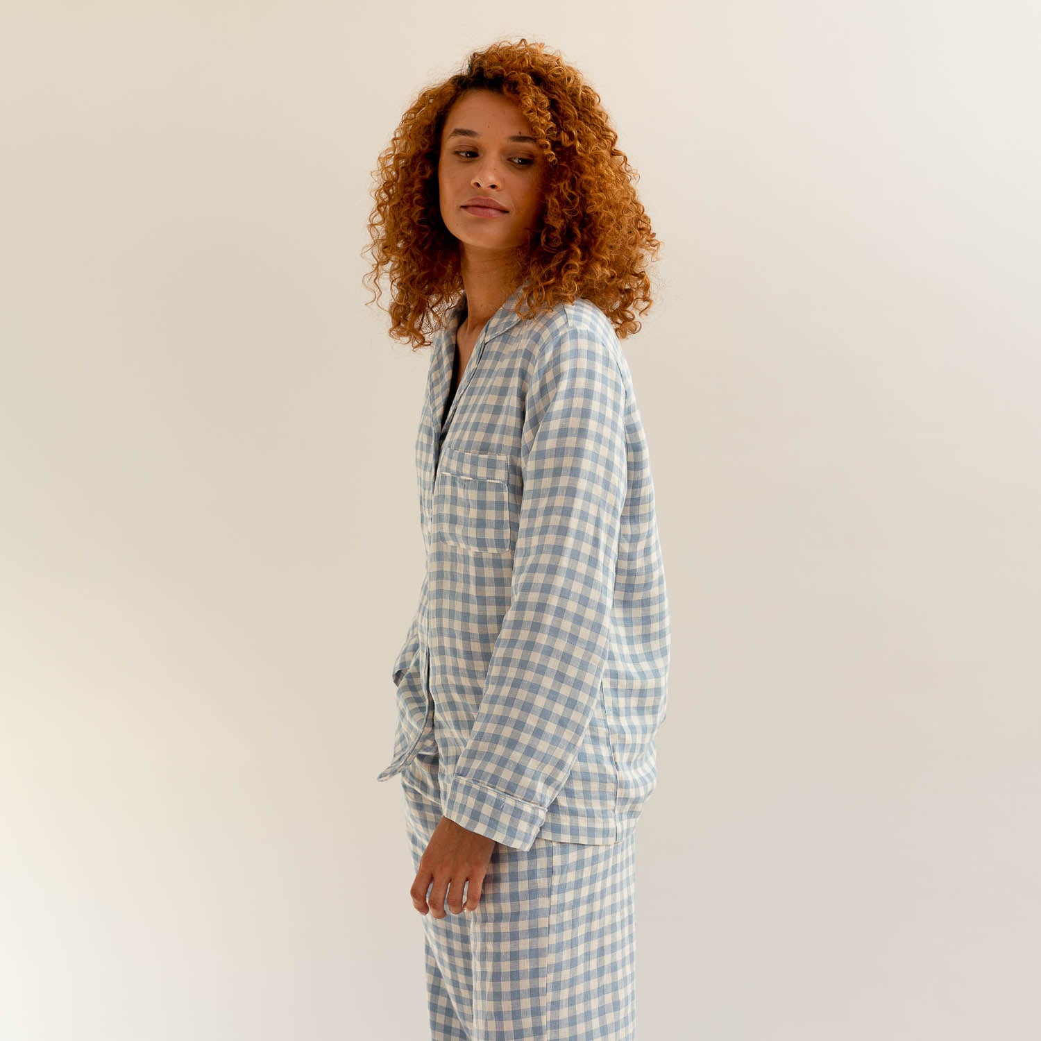 Warm Blue Gingham Linen Pajama Shirt