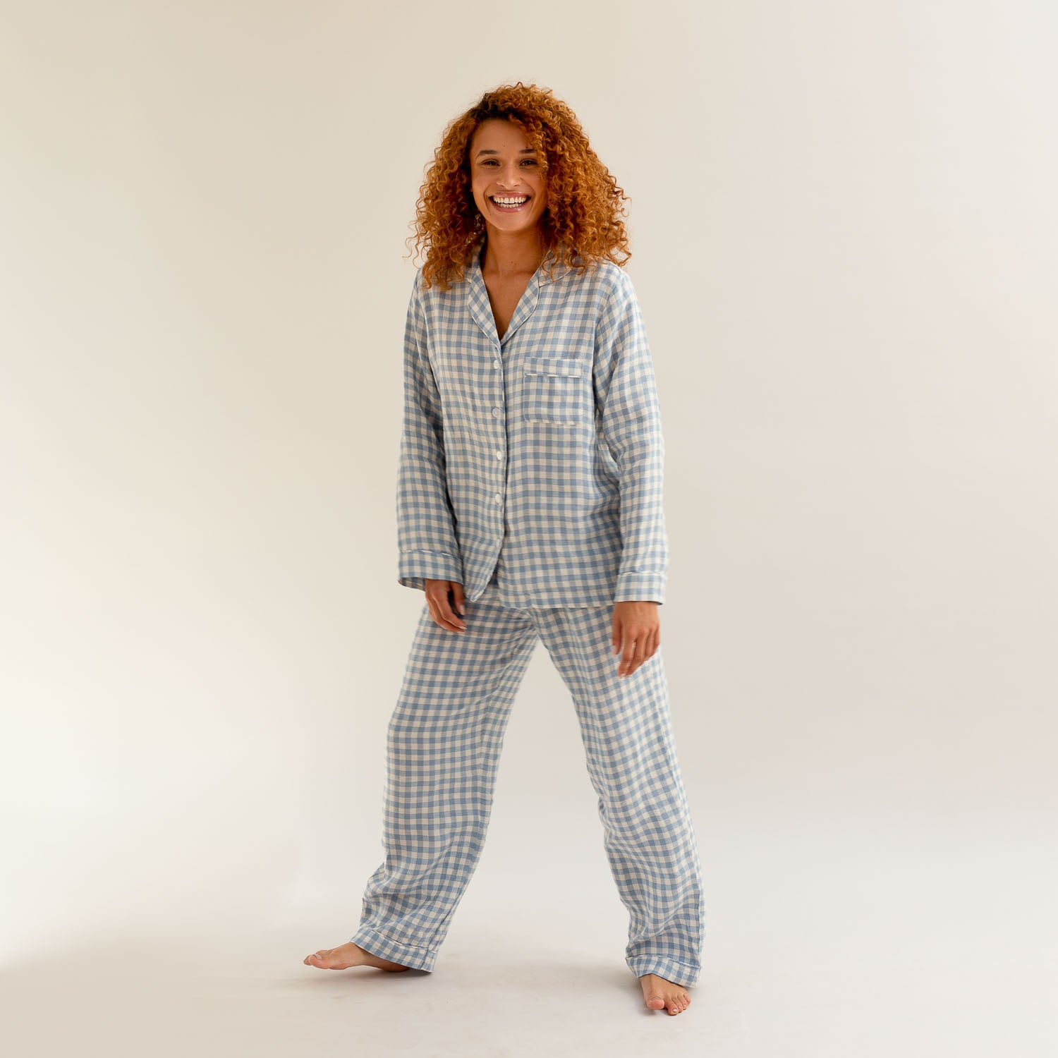 Warm Blue Gingham Linen Pajamas