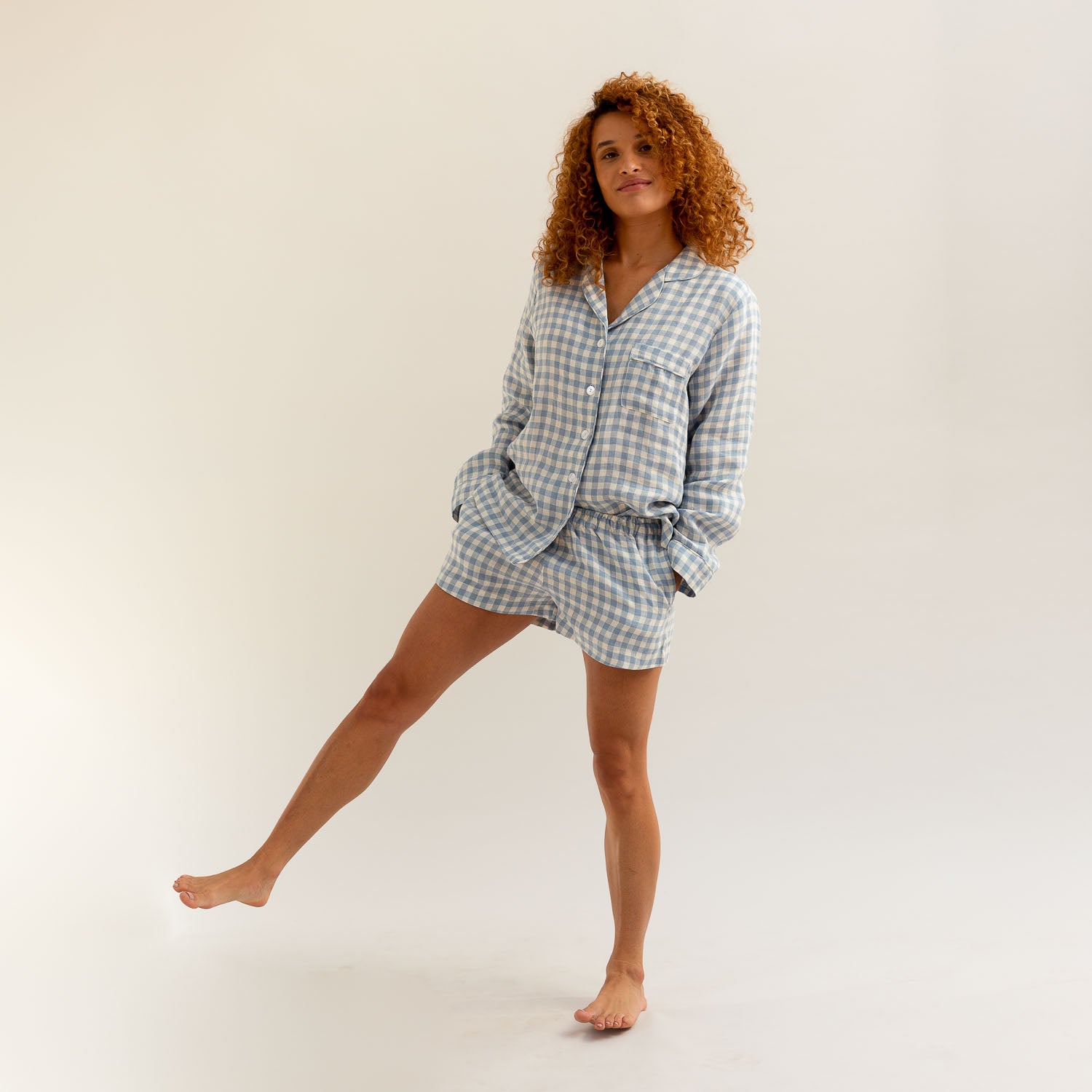Warm Blue Gingham Linen Pajama Shorts Set