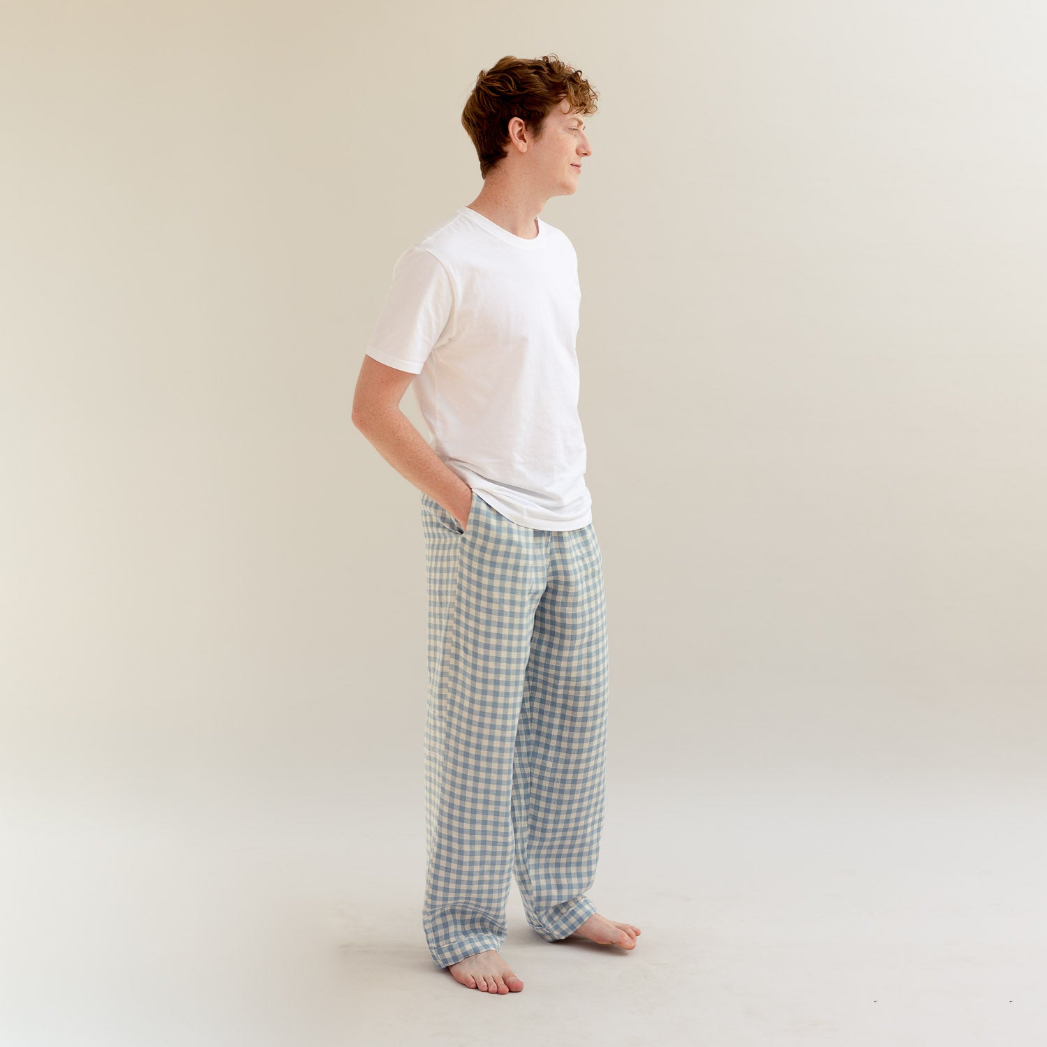 Men's Warm Blue Gingham Linen Pajama Pants