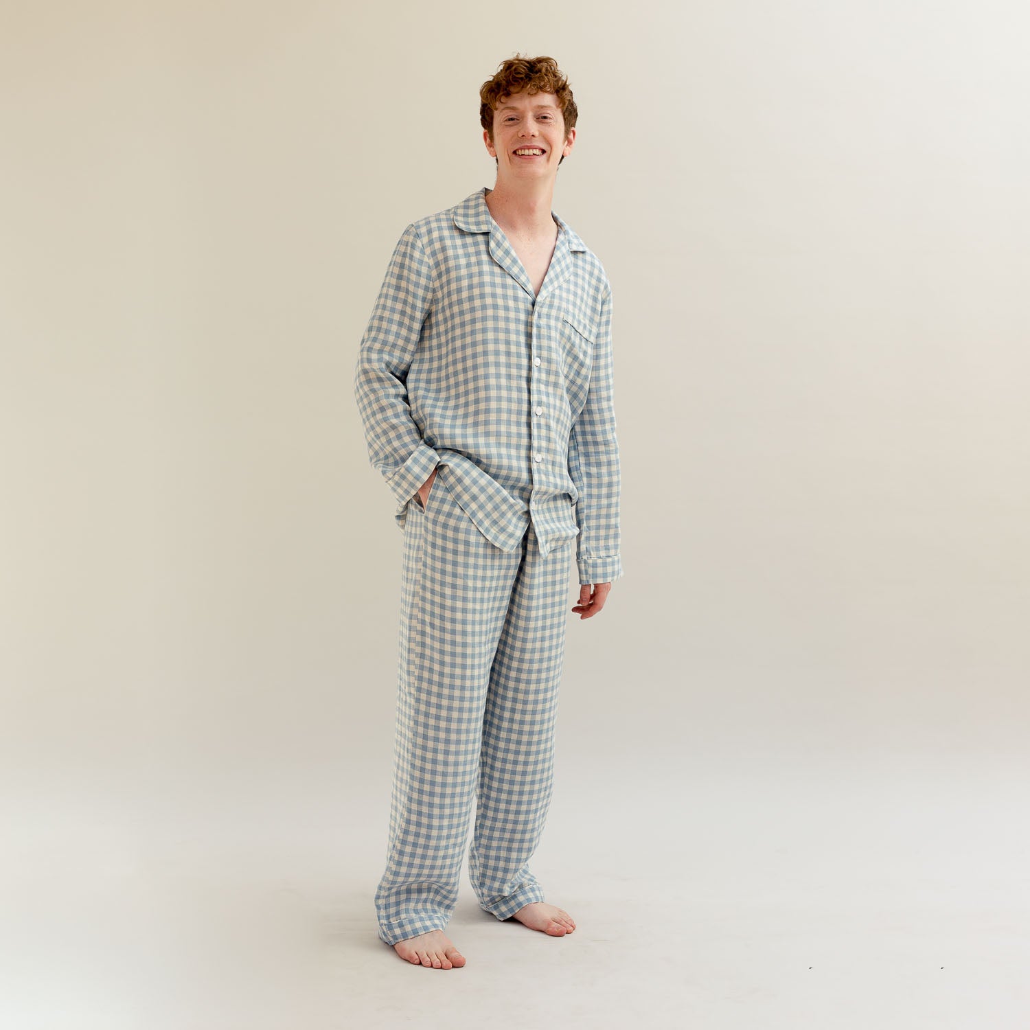 Men's Warm Blue Gingham Linen Pajama Pants Set
