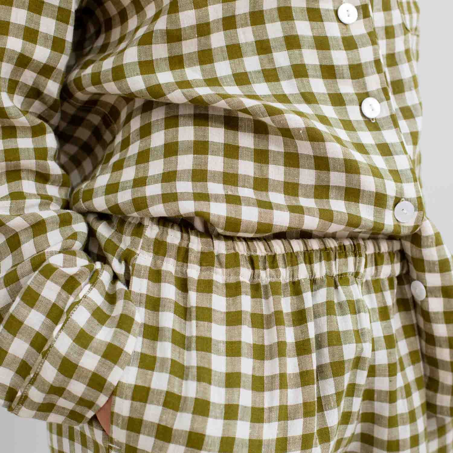 Botanical Green Gingham Linen Pajama Pants Set