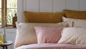 Butterscotch Meadow Floral Printed, French rose and Butterscotch Cotton Bedding with Ochre Gingham Wool Blanket