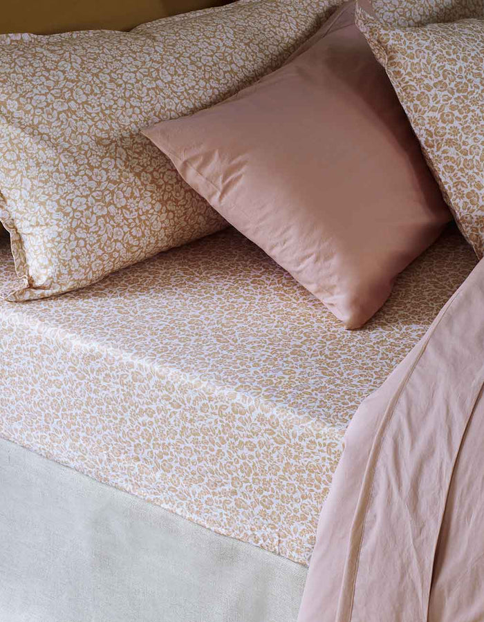 Butterscotch Meadow Floral Printed, French rose and Butterscotch Cotton Bedding 