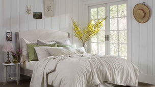 Parchment Washed Cotton Percale Bedding with Cafe Au Lait Gingham and Pear Cotton Pillowcases