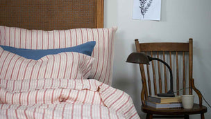 Mineral Red Ticking Stripe Bedding and Dusk Blue Pillowcase