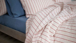 Mineral Red Ticking Stripe and Dusk Blue Linen Bedding