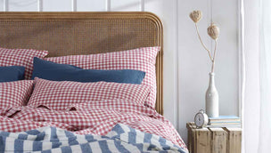 Mineral Red Gingham and Deep Teal Linen Bedding with a  Warm Blue Checked Stripe Wool Blanket