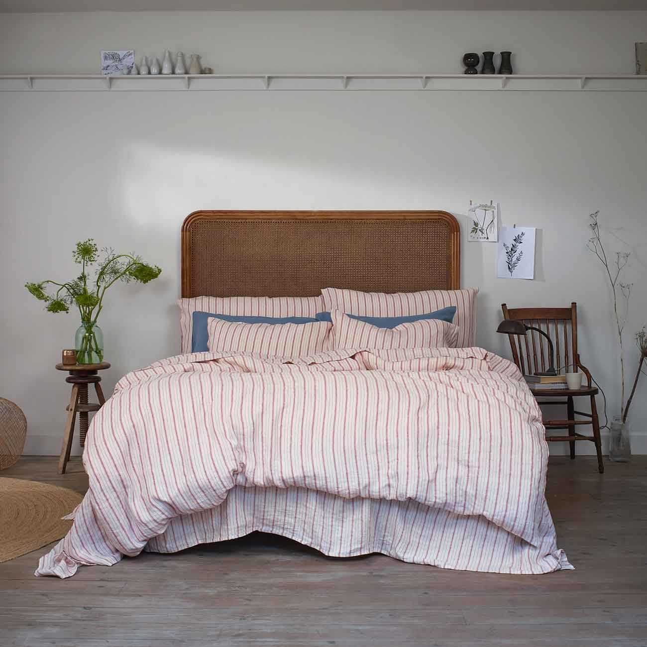 Mineral Red Ticking Stripe and Dusk Blue Linen Bedding