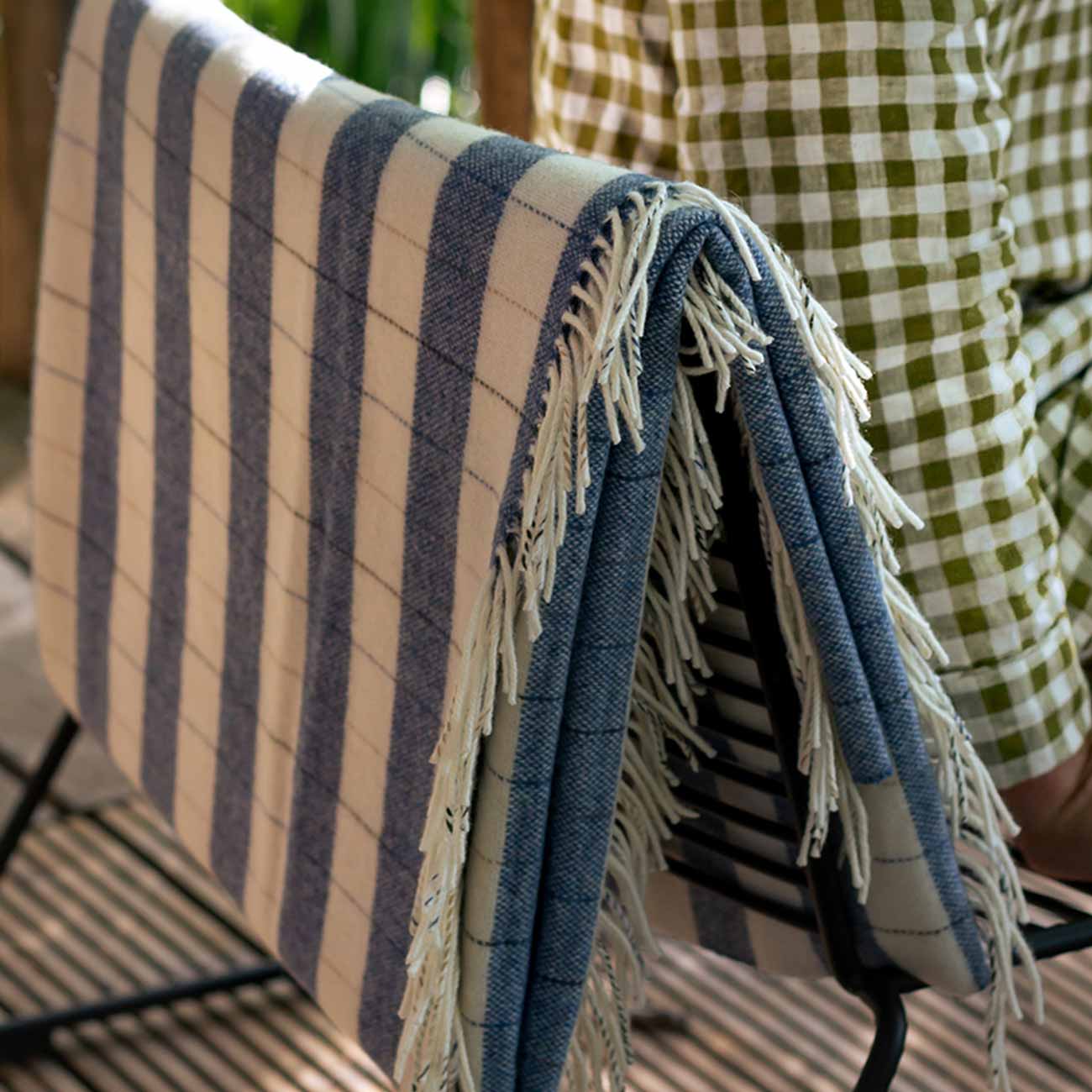 Warm Blue Checked Stripe Wool Blanket