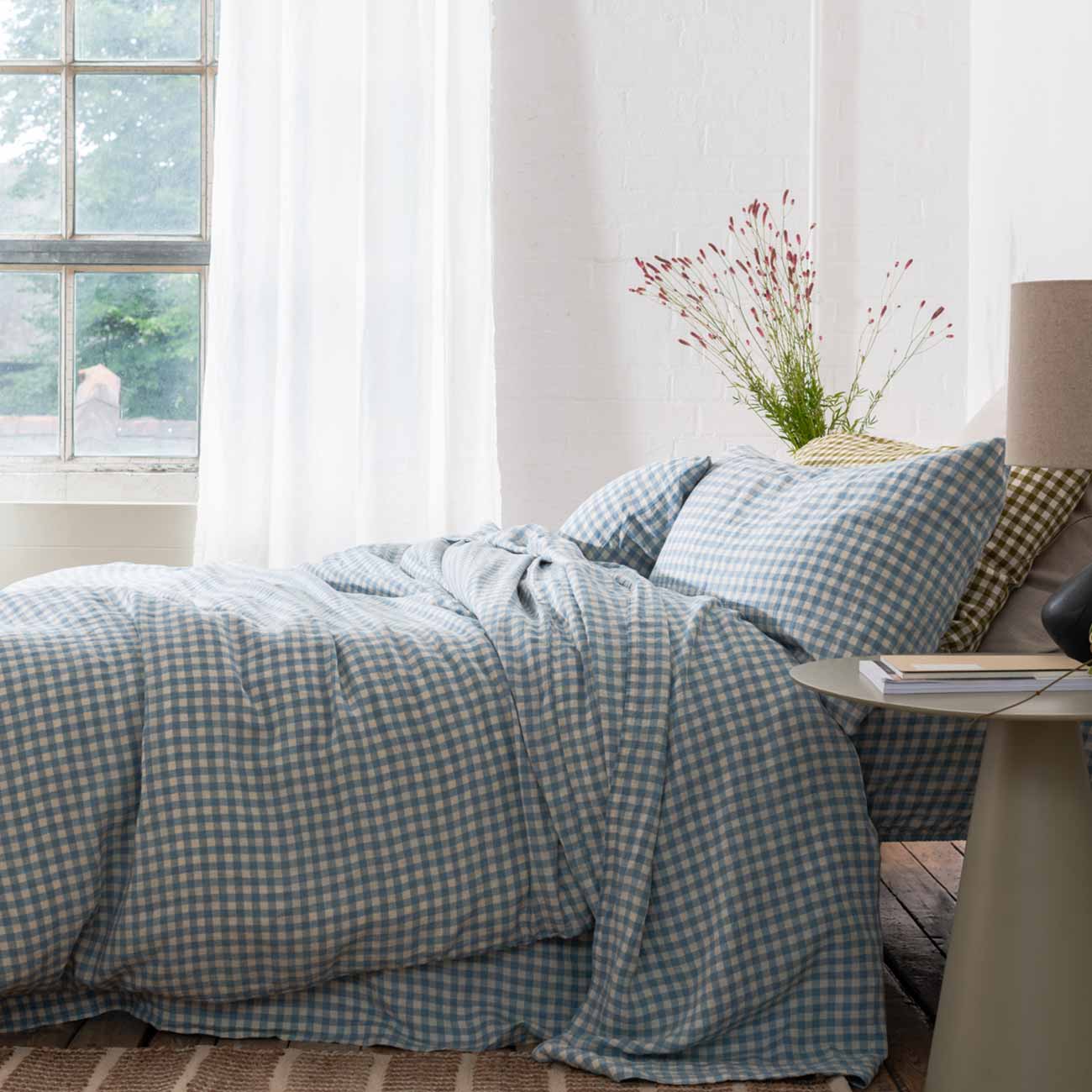 Warm Blue Gingham Linen Bedding