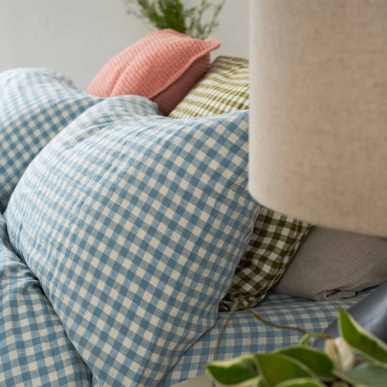 Warm Blue Gingham Linen Pillowcases Pair