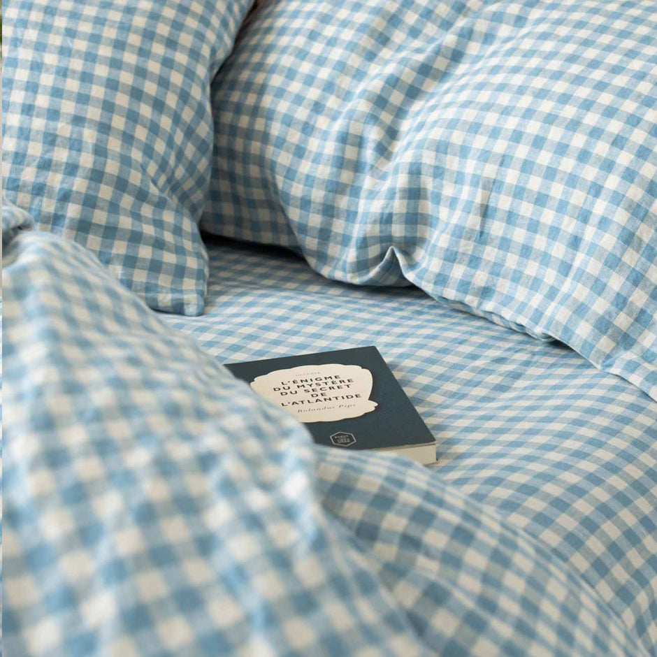 Warm Blue Gingham Linen Bedding Piglet in Bed US