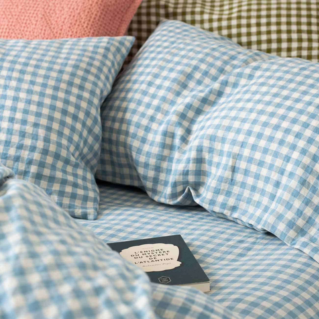 Warm Blue Gingham Linen Pillowcases Pair