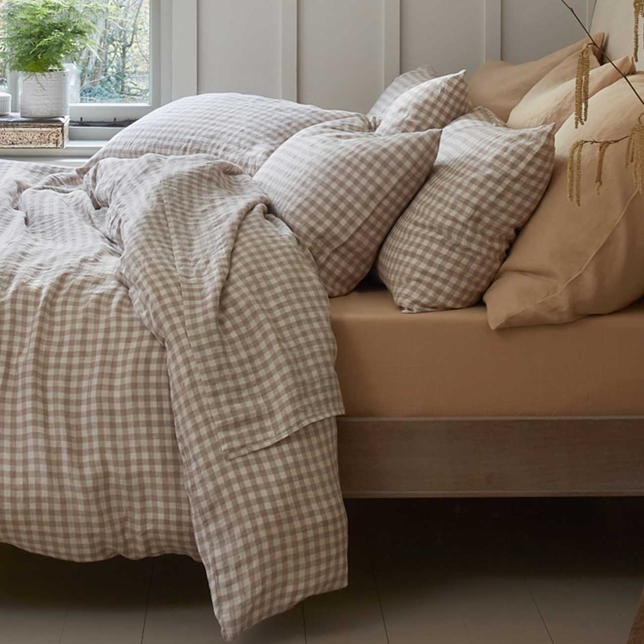 Mushroom Gingham 100 Linen Flat Sheet Piglet in Bed US