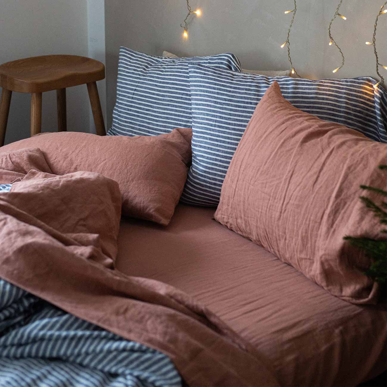 Midnight Stripe Linen Duvet Cover and Pillowcases with Warm Clay Sheets