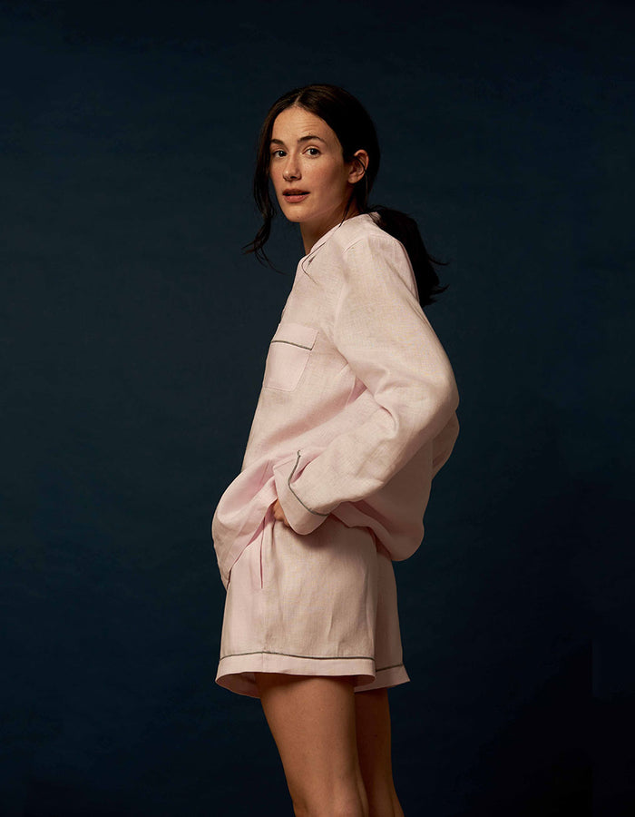 Women's Blush Pink Linen Pajama Shorts Set