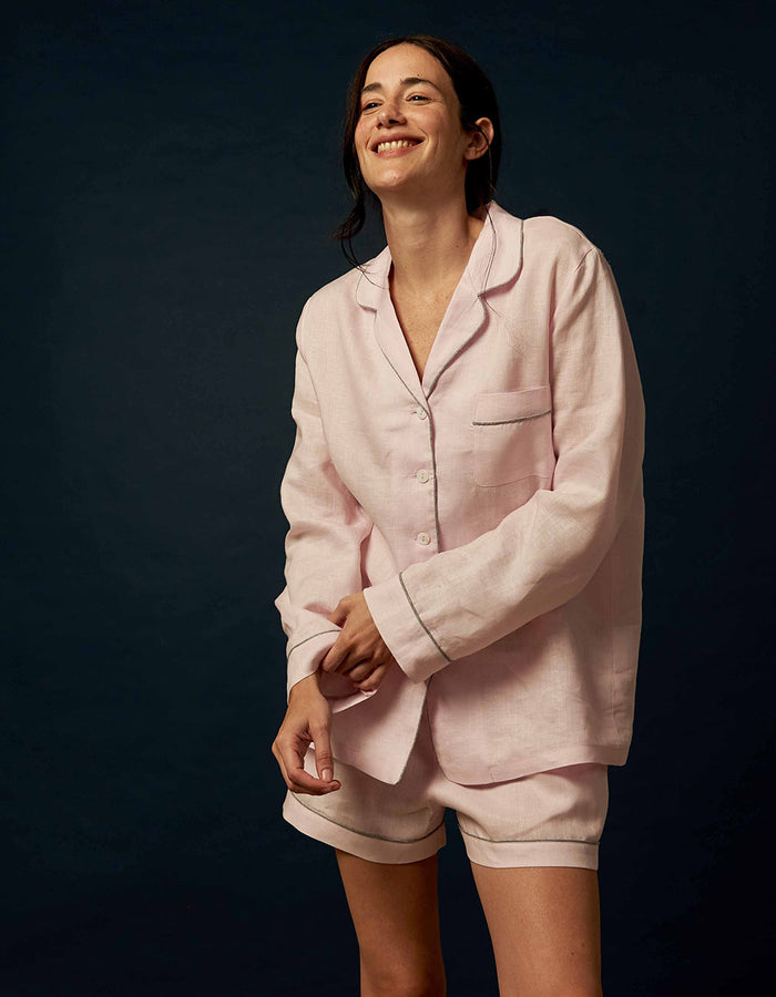 Women's Blush Pink Linen Pajama Shorts Set