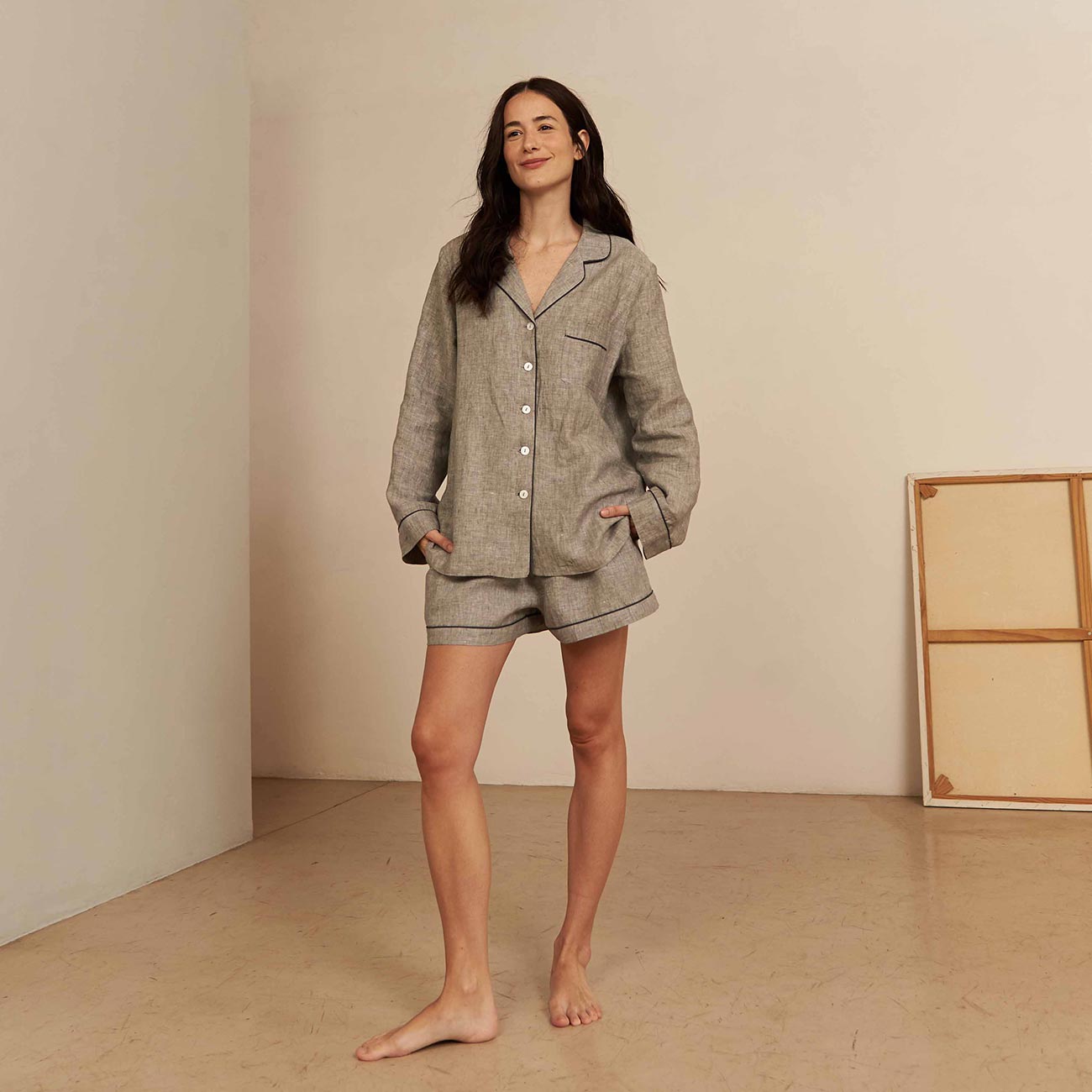 Gray Linen Pajama Shorts Set
