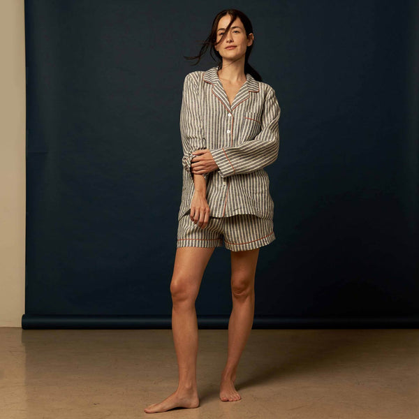 Midnight Stripe Linen Pajama Shorts Set