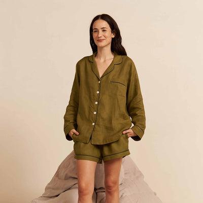 Moss Plain Linen Pajama Shorts - alternate image