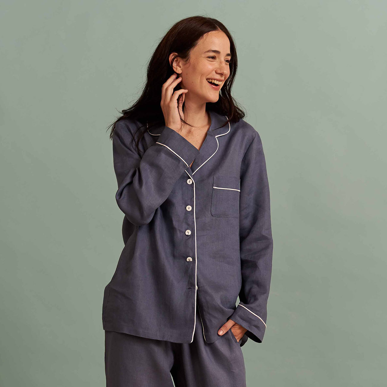 Blueberry Linen Pajama Set Piglet in Bed US