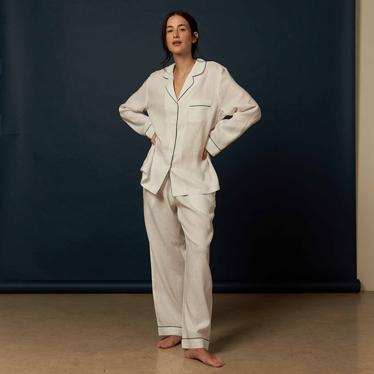 Women's White Linen Pajama Pants Set