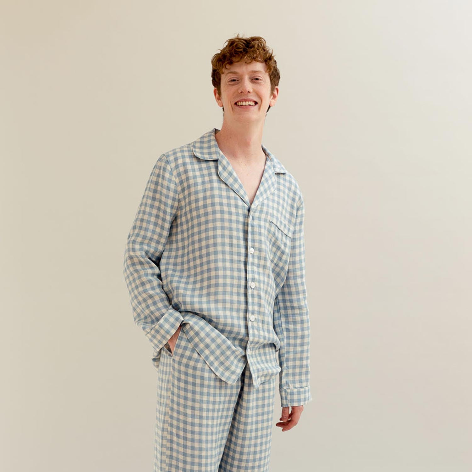 Men's Warm Blue Gingham Linen Pajama Shirt