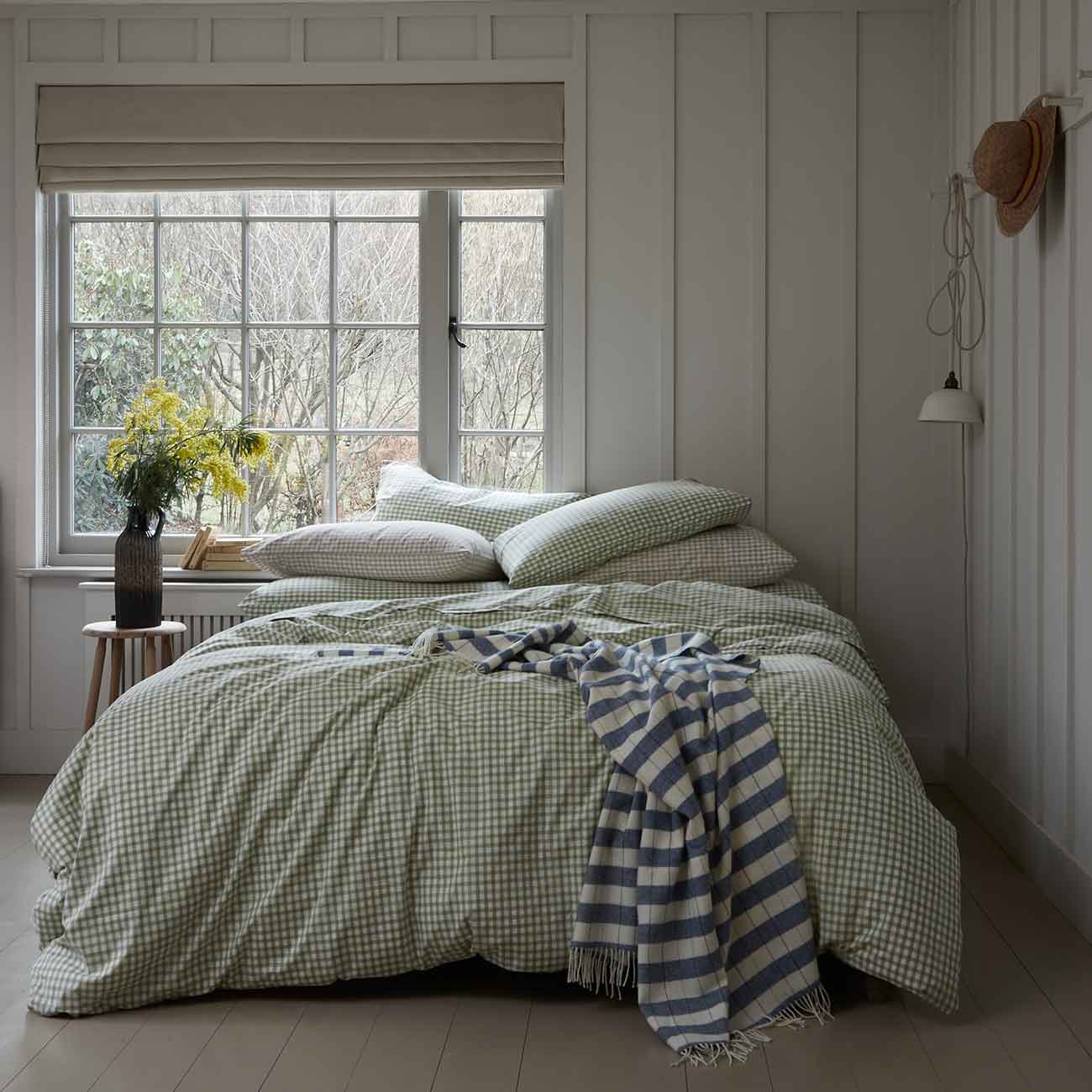 Pear Small Gingham Cotton Bedding with Warm Blue Check Stripe Wool Blanket 