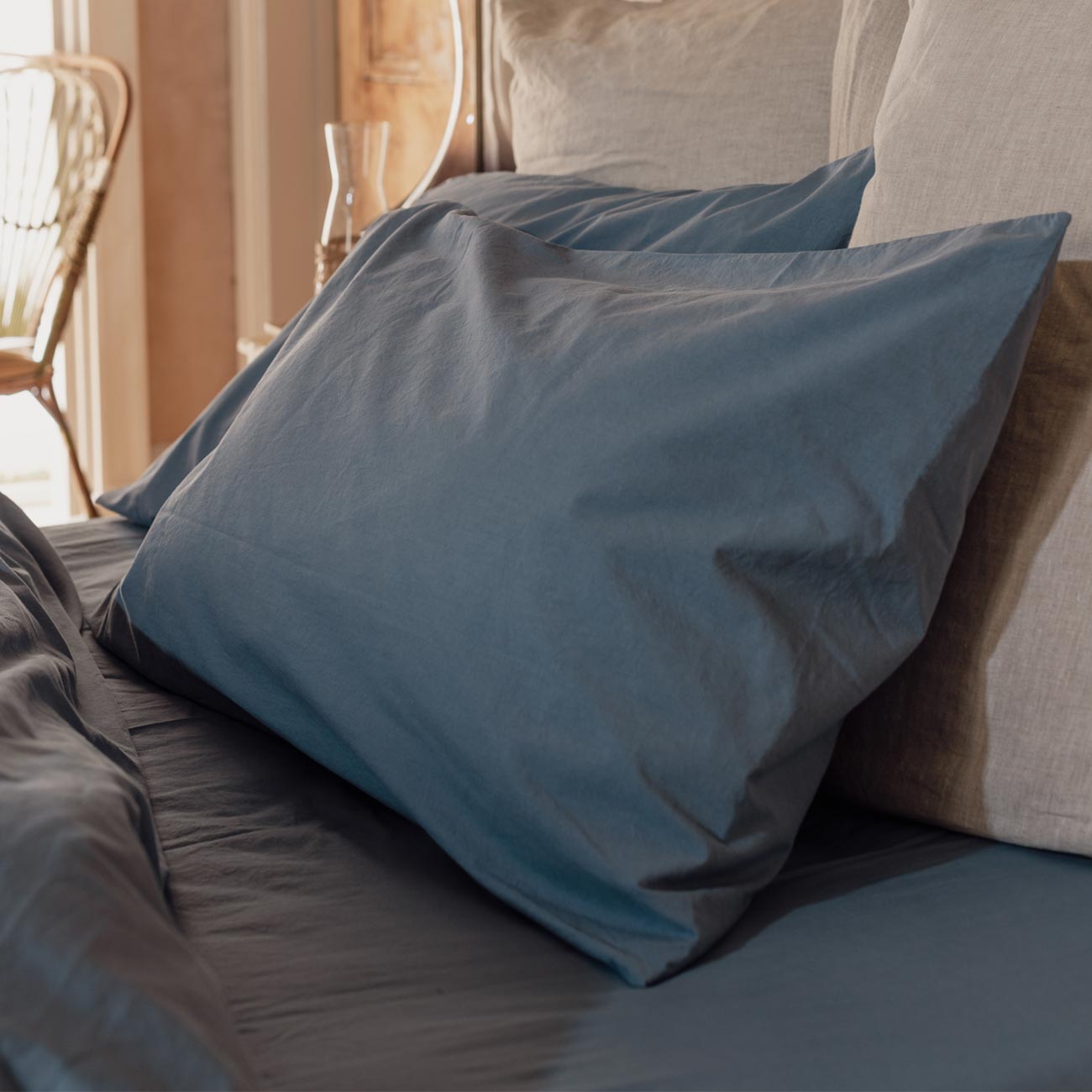 Cove Blue Washed Percale Cotton Pillowcases (Pair)