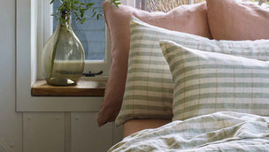 Pear Check Stripe Linen Bedding and Sandstone Linen Square Pillowcases