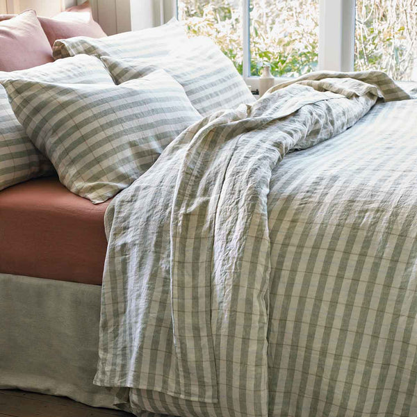 Pear Check Stripe Bedding, Sandstone Linen Square Pillowcases and Burnt Orange Fitted Sheet