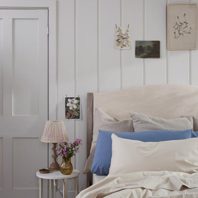 Parchment and Cove Blue Washed Cotton Percale Bedding