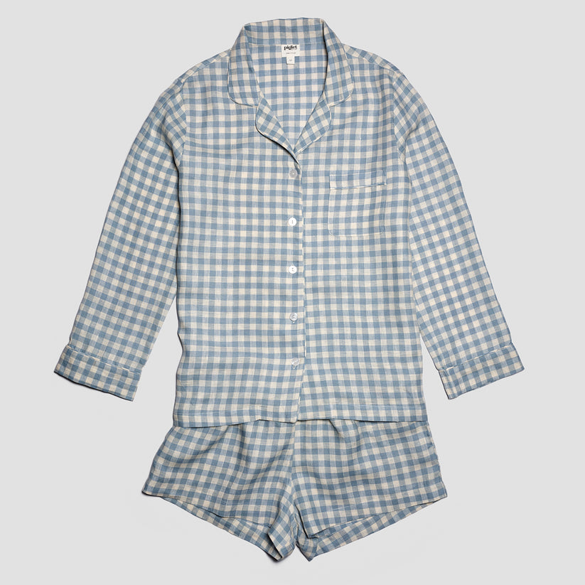 Warm Blue Gingham Linen Pajama Shorts Set | Piglet in Bed US