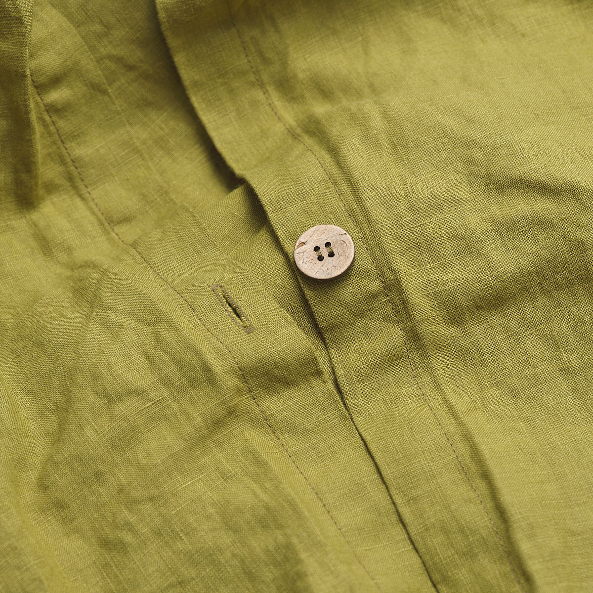 Botanical Green Linen Duvet Cover Button Detail