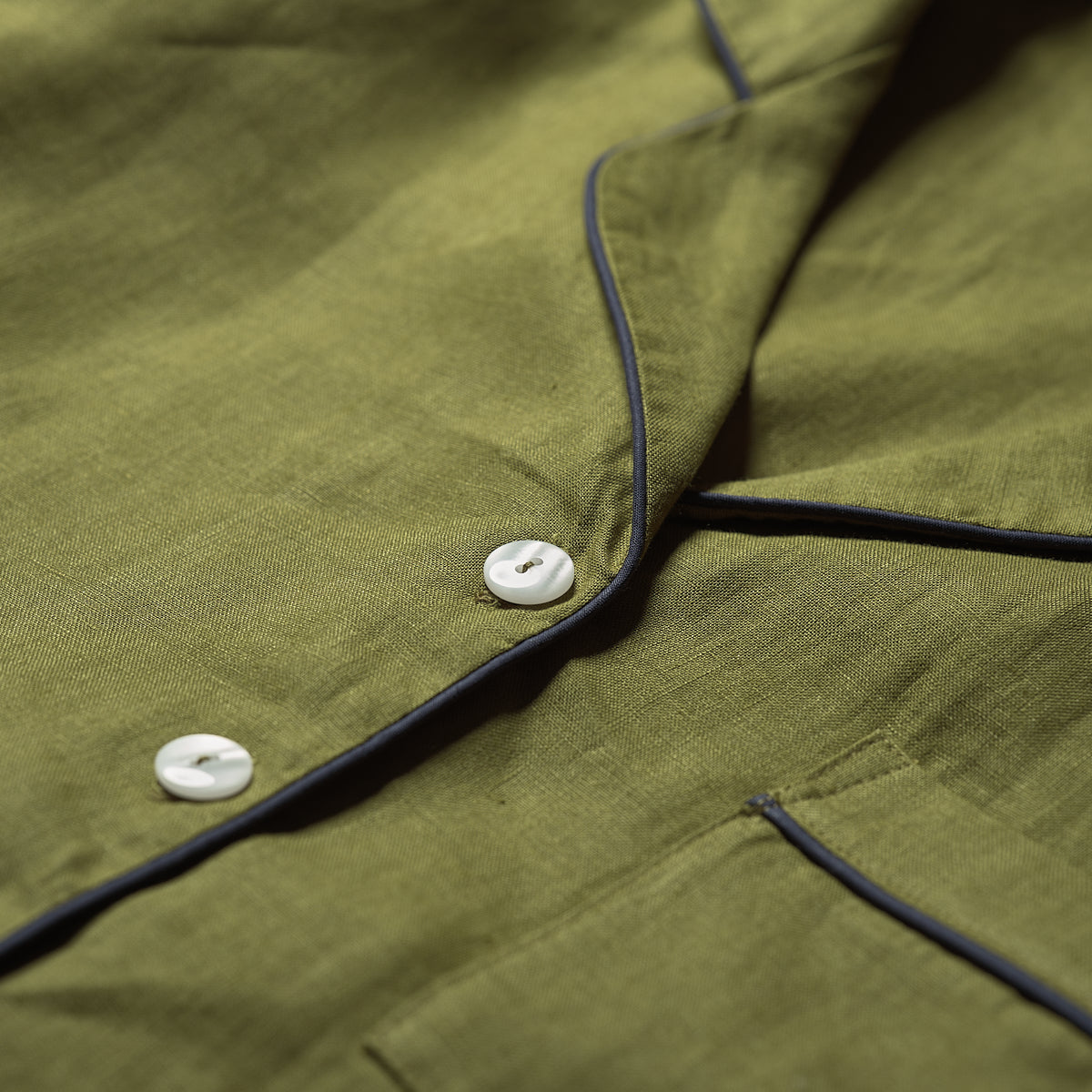 Moss Plain Linen Pajama Shirt Button Detail