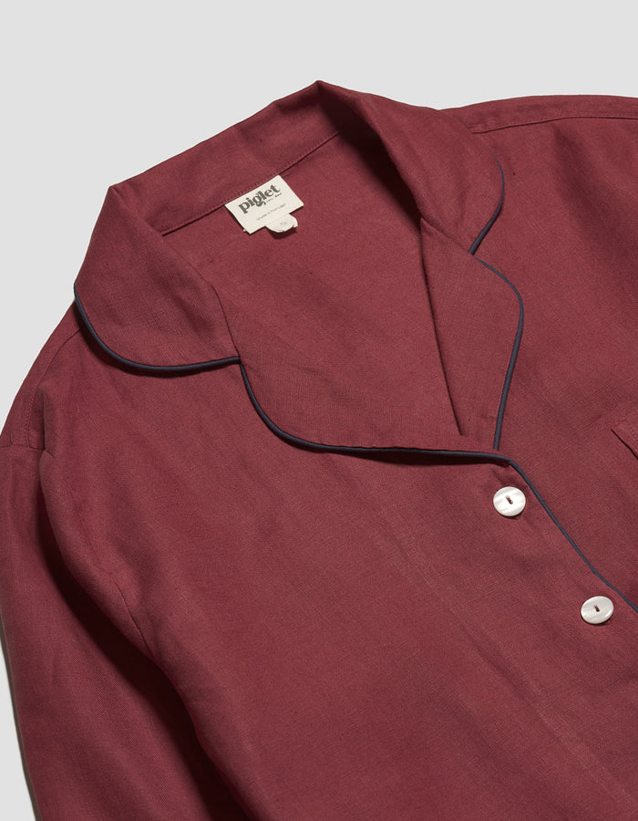 Women's Cherry Plain Linen Pajama Shirt Collar Detail