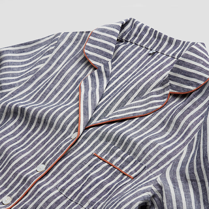 Women's Midnight Stripe Linen Pajama Shirt Collar