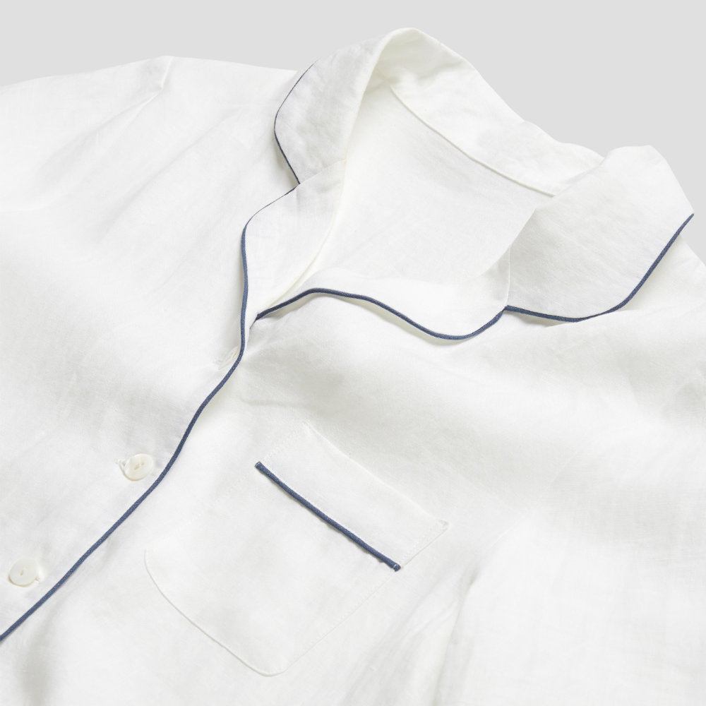 Women's White Linen Pajama Shirt Collar
